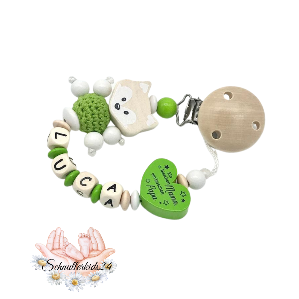 Schnullerkette mit Namen Junge, Apfelgrün und weiß, Fuchs, Geschenk zur Geburt, Taufe
