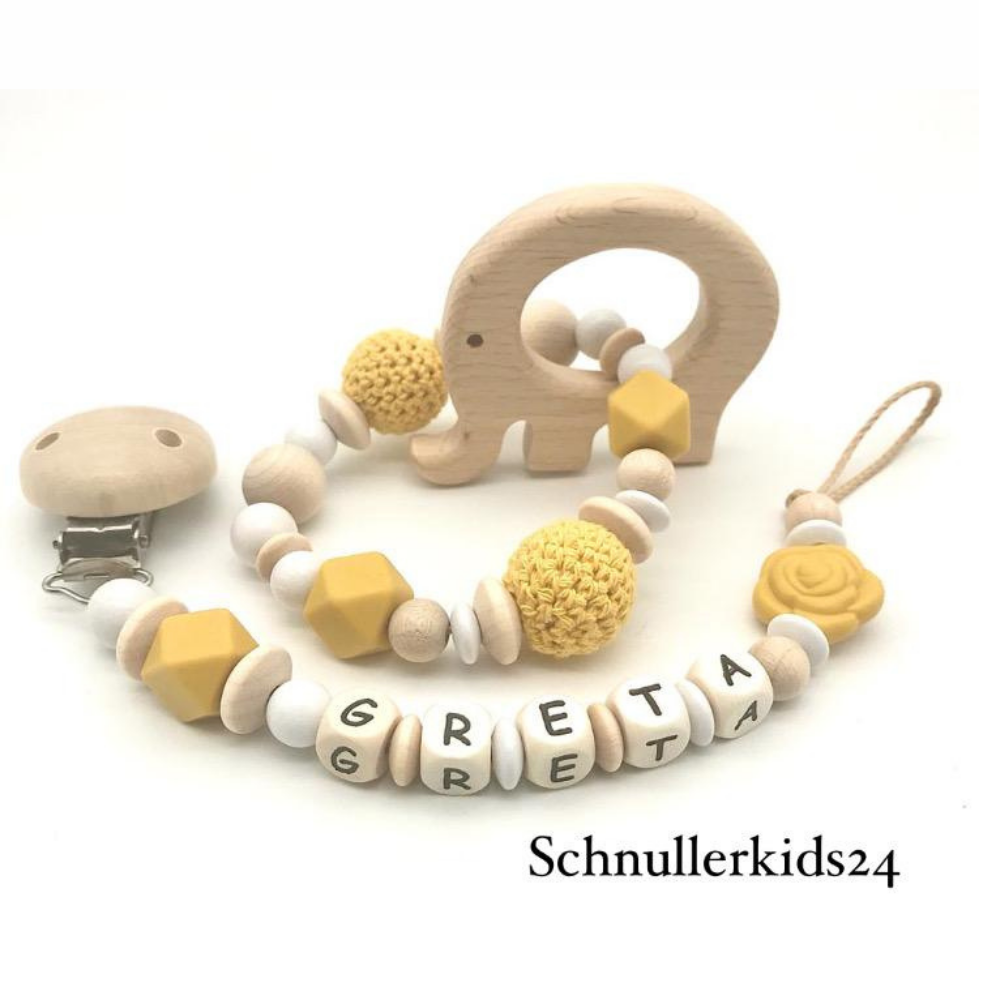 2teiliges Sparset - Schnullerkette + Greifling - Gelb/Natur, Hexagon, Häkelperle + Holz Elefant