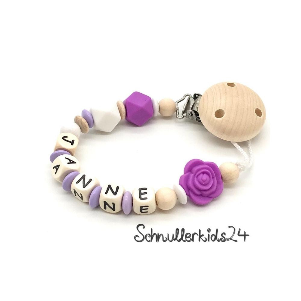 Schnullerkette mit Namen - Rose, Pink, Natur, Weiß, Flieder - Mädchen
