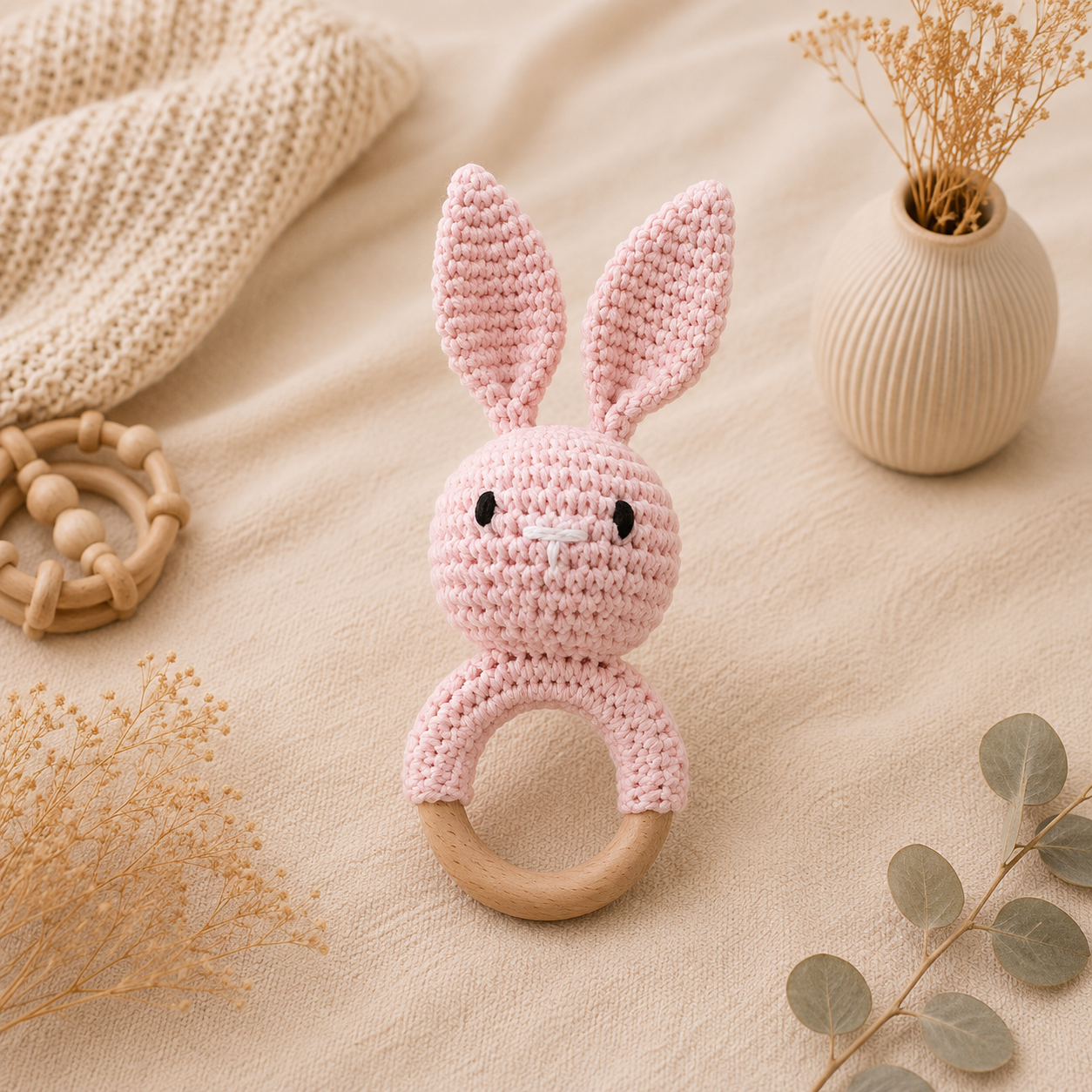 Gehäkelte Babyrassel Hase - Rosa