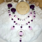 Set aus Schnullerkette & Kinderwagenkette | Herz | Teddybär | Rosa, Violett & Weiß