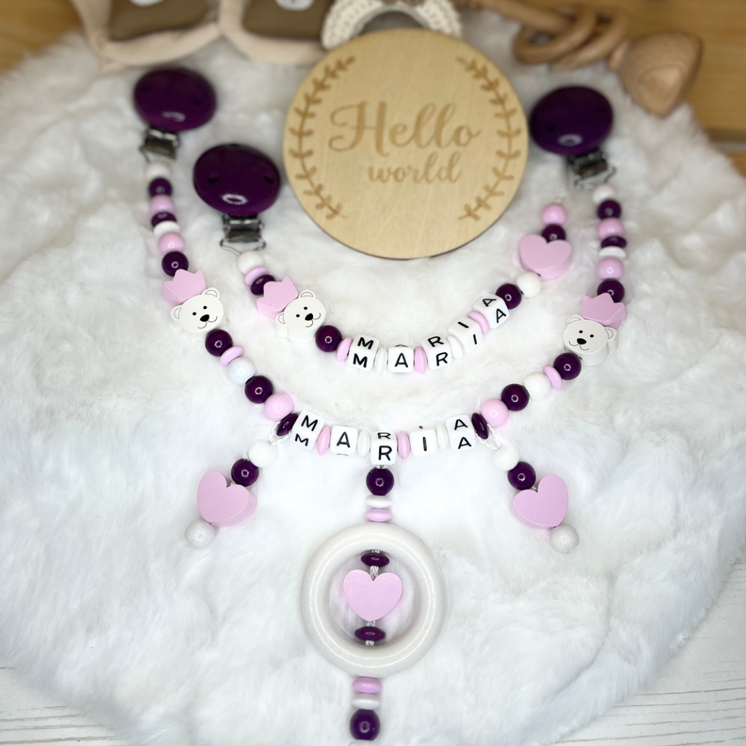 Set aus Schnullerkette & Kinderwagenkette | Herz | Teddybär | Rosa, Violett & Weiß