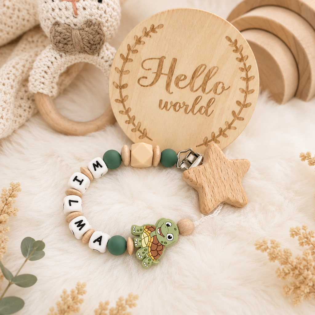 Set aus Schnullerkette & Kinderwagenkette | Schildkröte | Stern | Grün & Natur