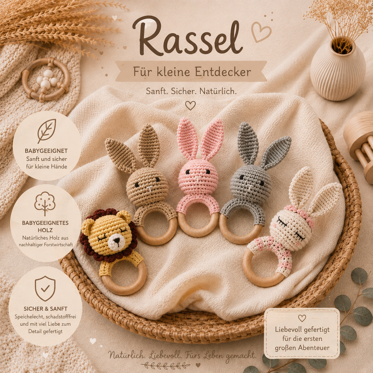 Gehäkelte Babyrassel Hase - Rosa
