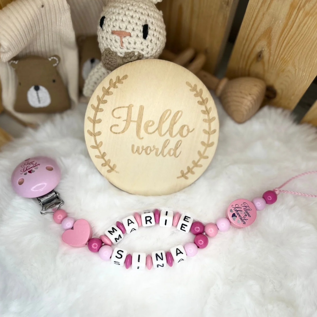 Schnullerkette mit Doppelnamen - Kleine Schwester | Herz | Rosa, Magenta & Altrosa