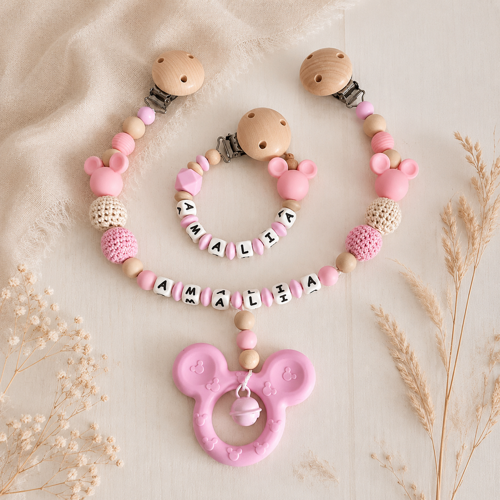 3-teiliges Baby Geschenkset mit Namen | Schnullerkette, Greifling & Kinderwagenkette