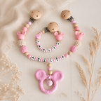 3-teiliges Baby Geschenkset mit Namen | Schnullerkette, Greifling & Kinderwagenkette