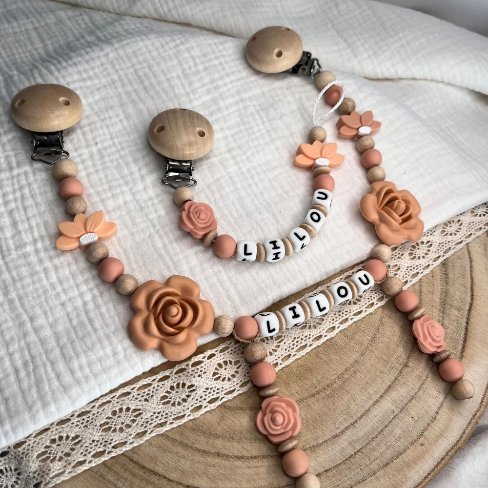 3er Set – Personalisierte Schnullerkette, Greifling & Kinderwagenkette - Blume - Baby Mädchen