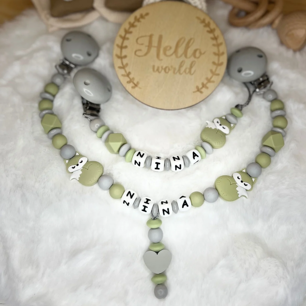Set aus Schnullerkette & Kinderwagenkette | Fuchs | Herz | Olivegrün & Grau