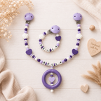 3er Set mit Namen Herz | Schnullerkette, Greifring & Kinderwagenkette