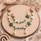 3er Set mit Namen 3D Schaf | Schnullerkette, Greifring & Kinderwagenkette