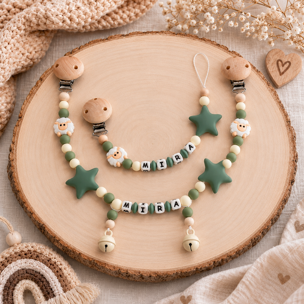3er Set mit Namen 3D Schaf | Schnullerkette, Greifring & Kinderwagenkette