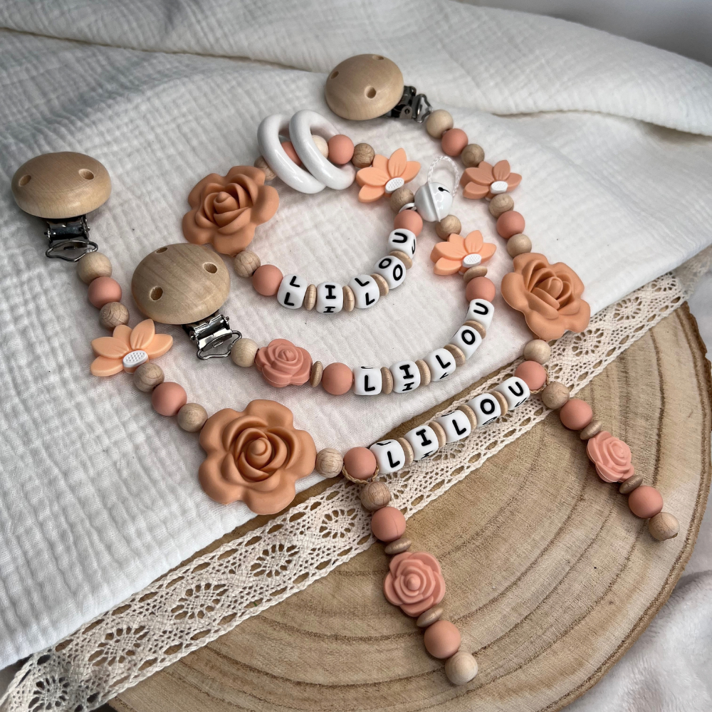 3er Set – Personalisierte Schnullerkette, Greifling & Kinderwagenkette - Blume - Baby Mädchen