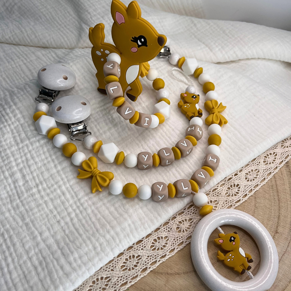 3er Set – Personalisierte Schnullerkette, Greifling & Kinderwagenkette - Reh - Baby Junge Mädchen