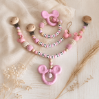 3-teiliges Baby Geschenkset mit Namen | Schnullerkette, Greifling & Kinderwagenkette