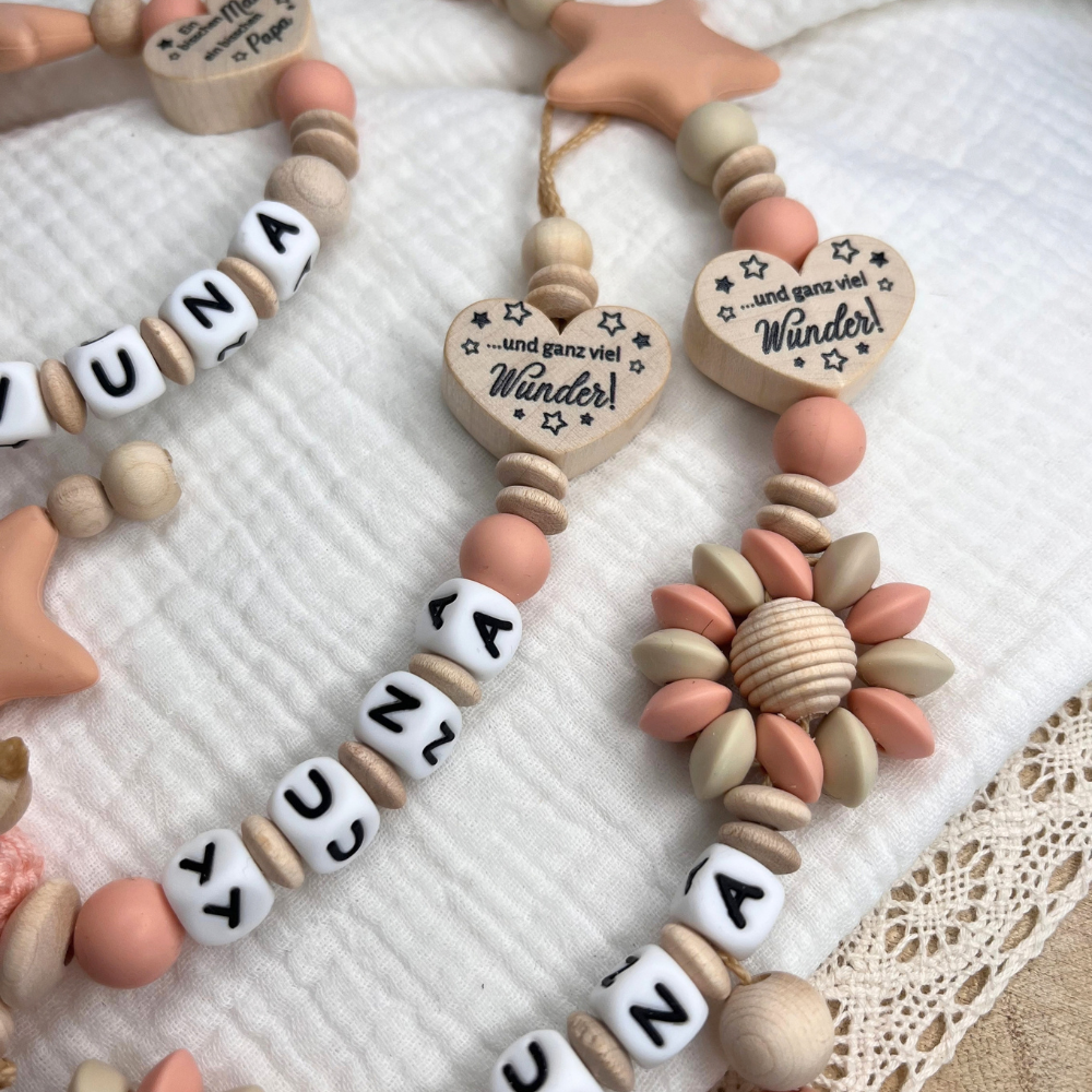 3er Set – Personalisierte Schnullerkette, Greifling & Kinderwagenkette - Fuchs - Mädchen