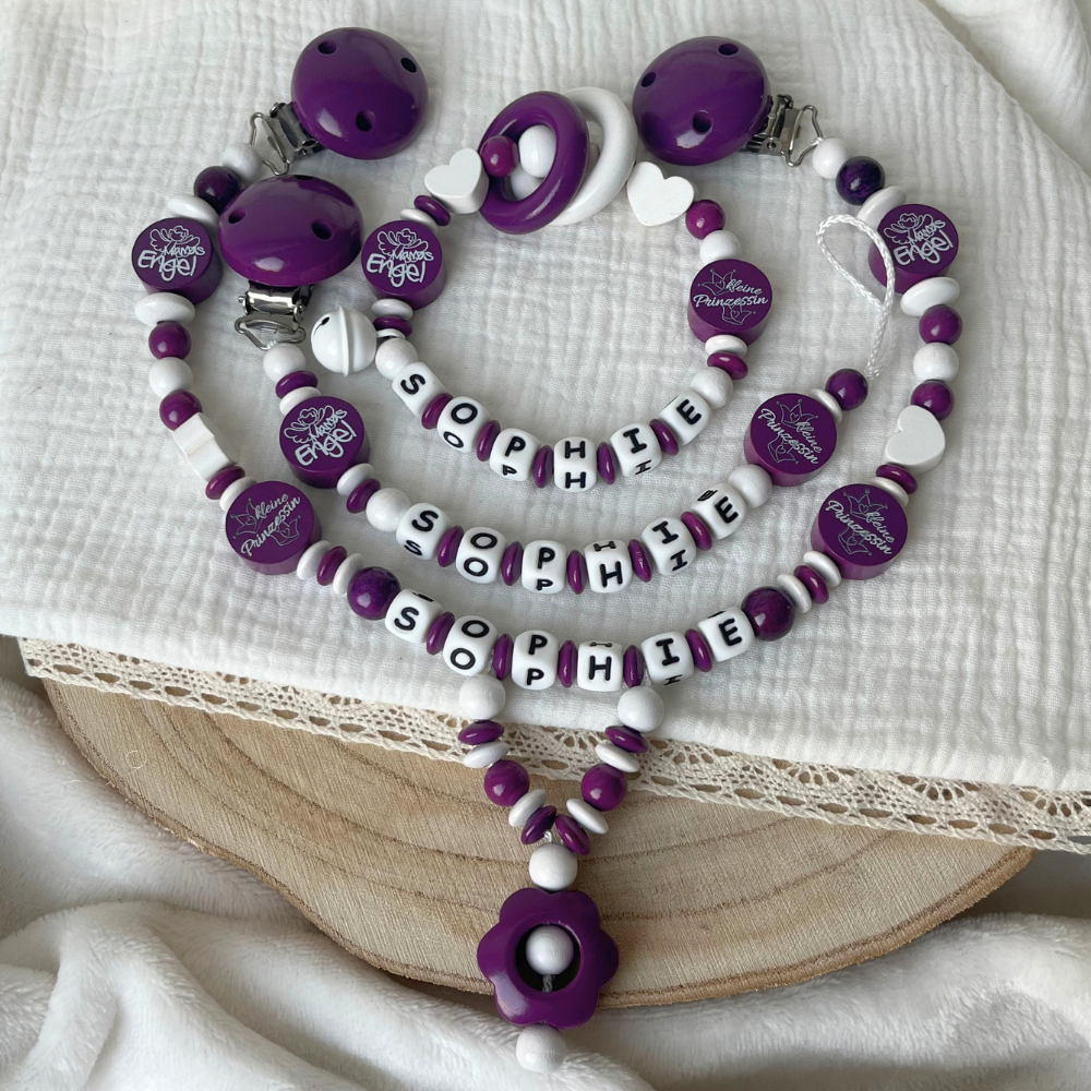 3er Set – Personalisierte Schnullerkette, Greifling & Kinderwagenkette - Kleine Prinzessin - violett weiß