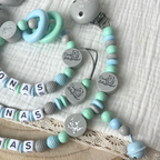 Personalisierte Schnullerkette mit Namen & Baby Geschenkset - Dein Schutzengel in Grau, Mint & Türkis