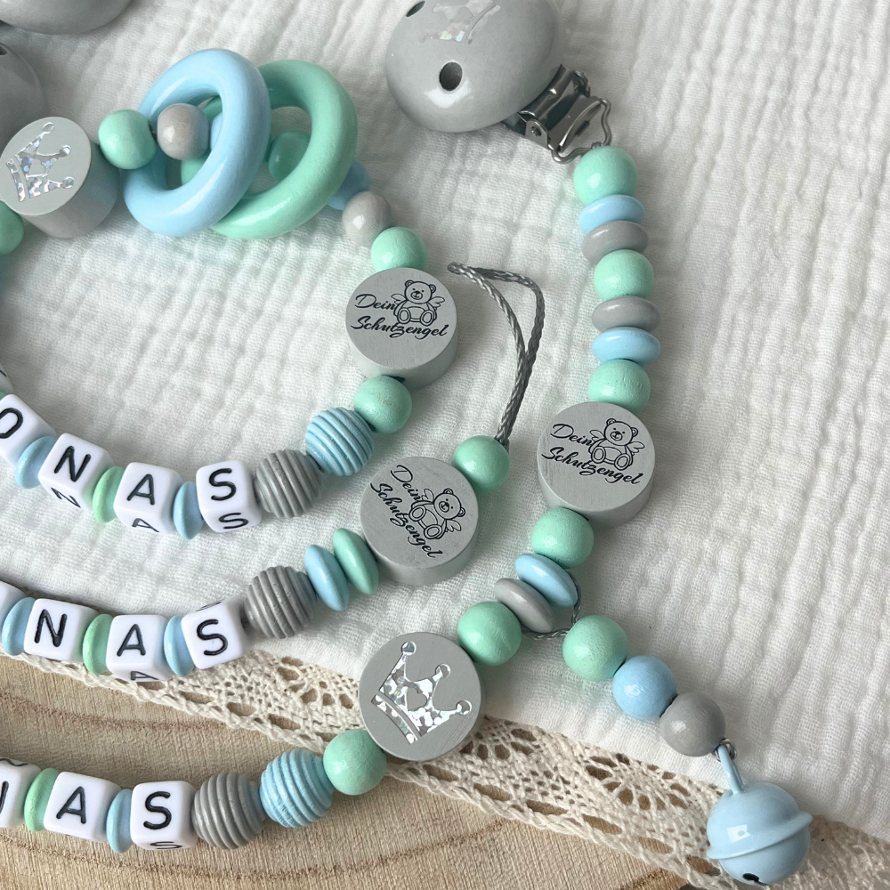 Personalisierte Schnullerkette mit Namen & Baby Geschenkset - Dein Schutzengel in Grau, Mint & Türkis