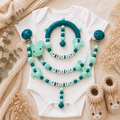 3-teiliges Baby Set  Maus Türkis Mint – Schnullerkette, Greifling & Kinderwagenkette personalisiert