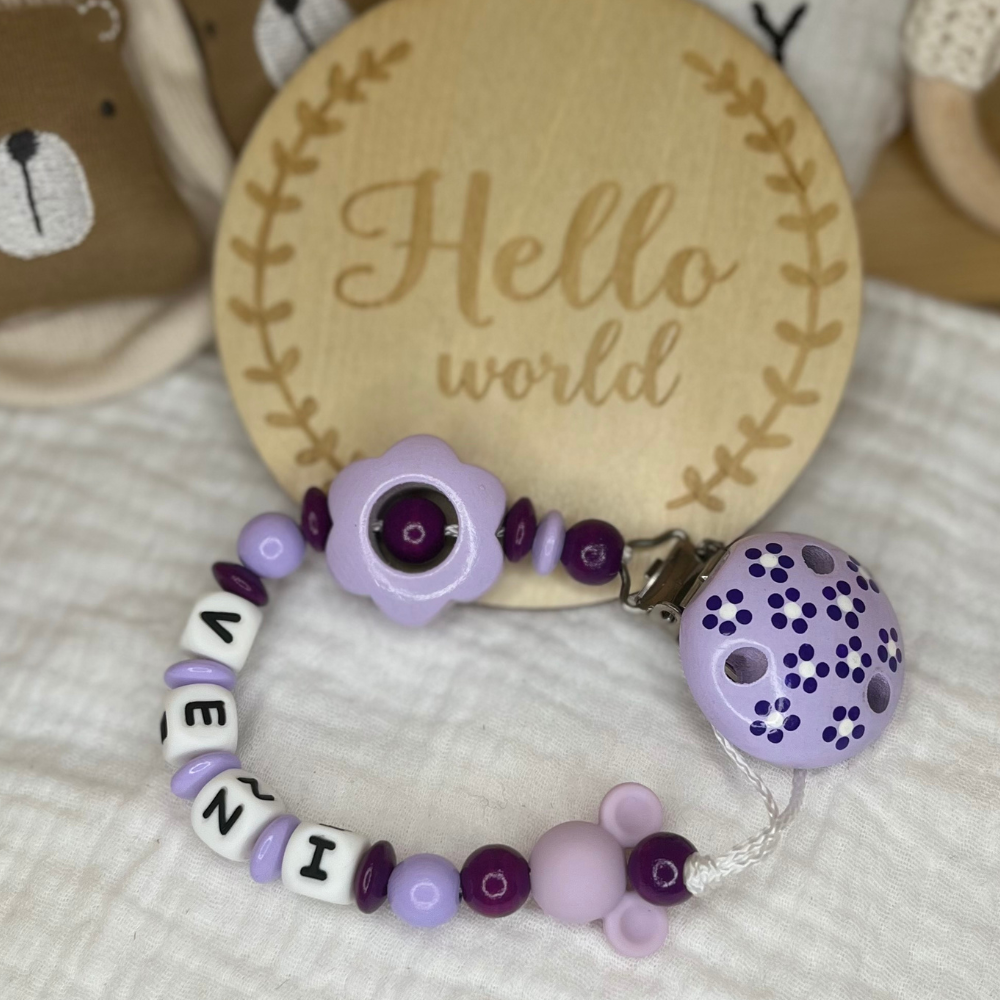 Schnullerkette - Micky Mouse | Blümchen | Lila | Flieder