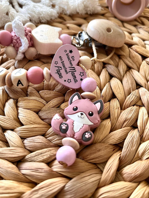 Schnullerkette mit Namen personalisiert für Mädchen - Fuchs Herz mit Spruch - Geburt Taufe