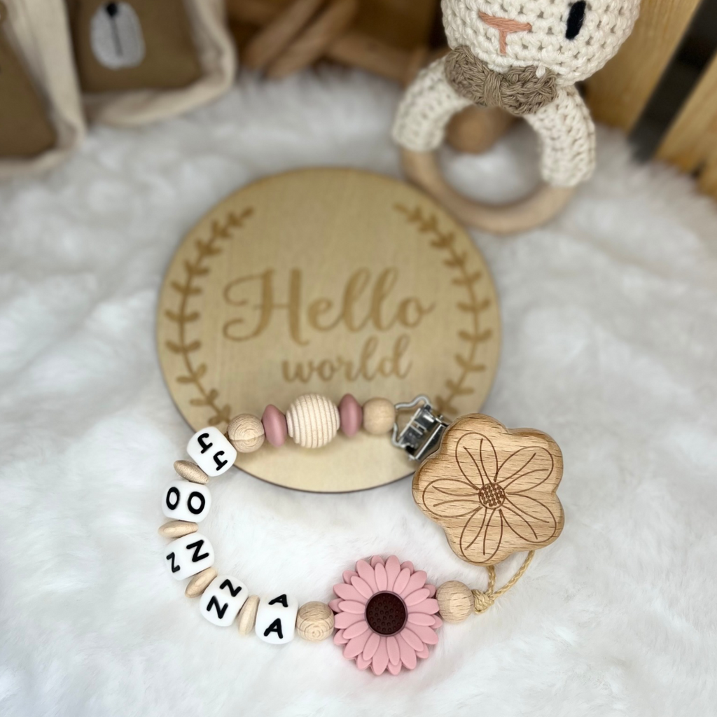 Set aus Schnullerkette & Kinderwagenkette | Blümchen | Natur & Blush