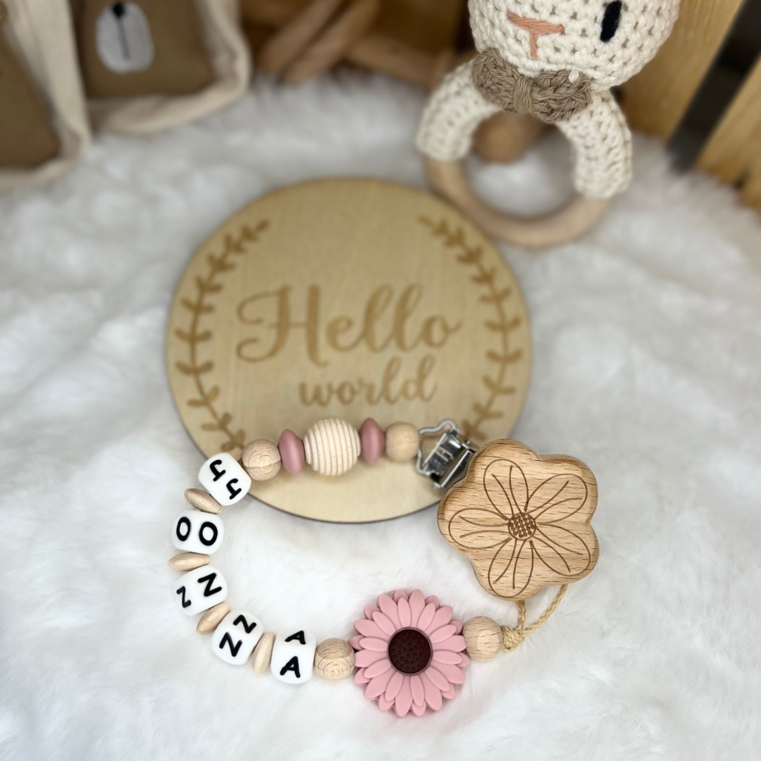 Set aus Schnullerkette & Kinderwagenkette | Blümchen | Natur & Blush