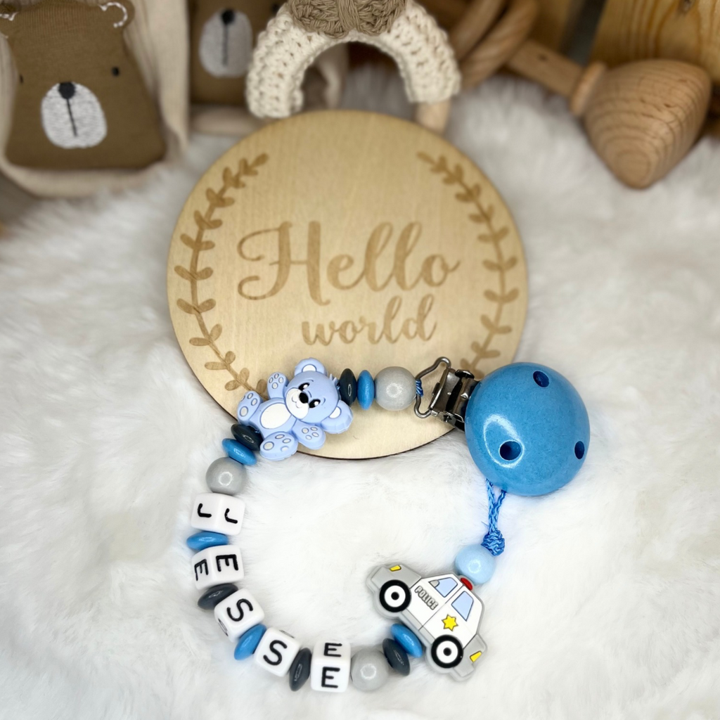 Set aus Schnullerkette & Kinderwagenkette | Teddy | Polizeiauto | Grau & Blau