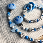 3er Set – Personalisierte Schnullerkette, Greifling & Kinderwagenkette - Babyfüßchen - Blau