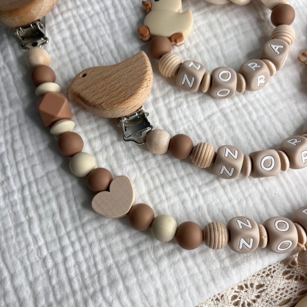 3er Set – Personalisierte Schnullerkette, Greifling & Kinderwagenkette - Mädchen Junge