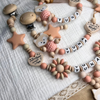 3er Set – Personalisierte Schnullerkette, Greifling & Kinderwagenkette - Fuchs - Mädchen
