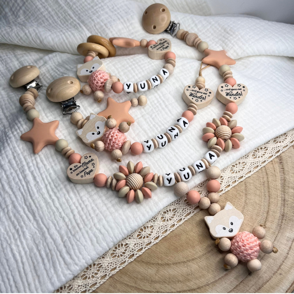 3er Set – Personalisierte Schnullerkette, Greifling & Kinderwagenkette - Fuchs - Mädchen