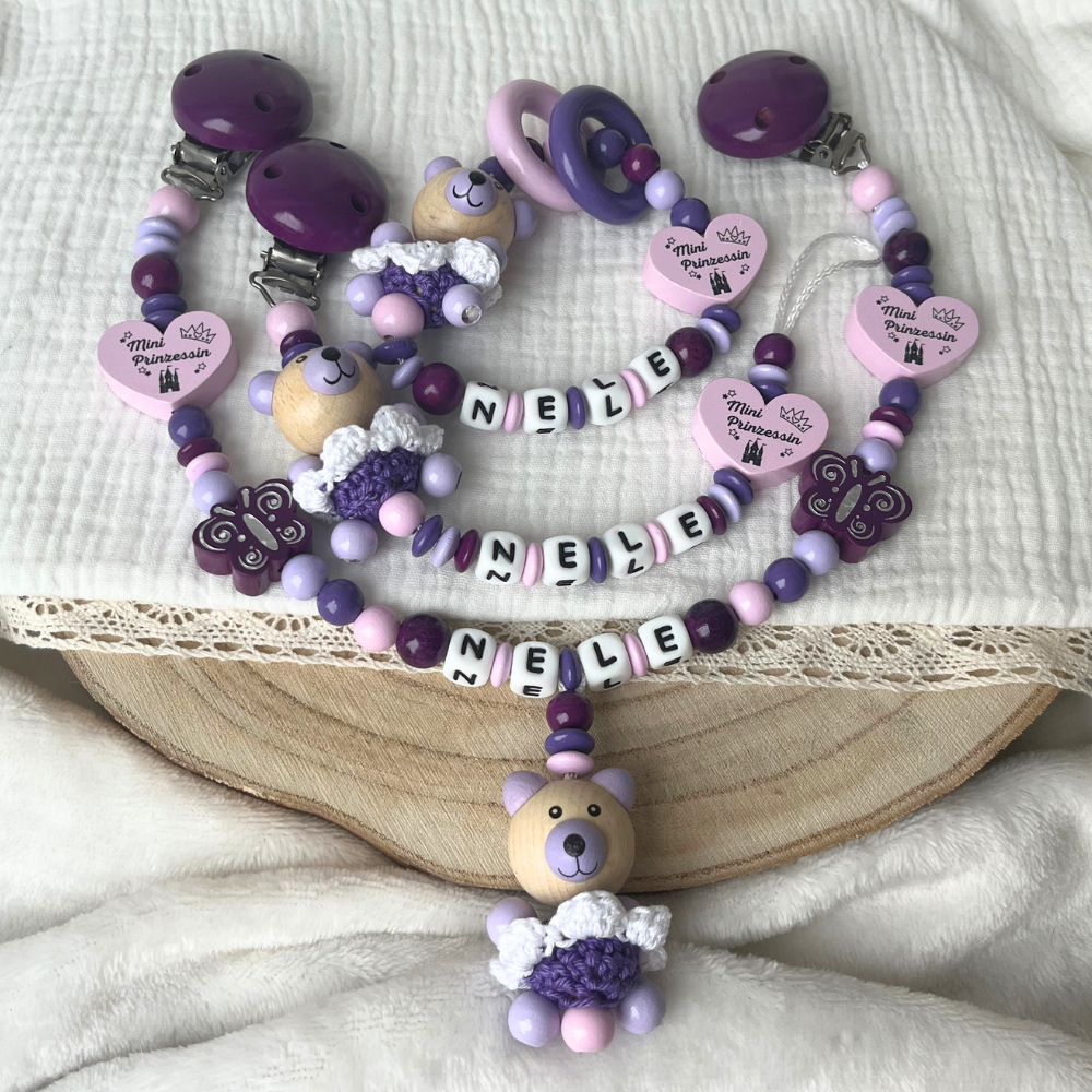 Personalisierte Baby Geschenkset Mini Prinzessin – Schnullerkette, Greifling & Kinderwagenkette in Lila und Rosa