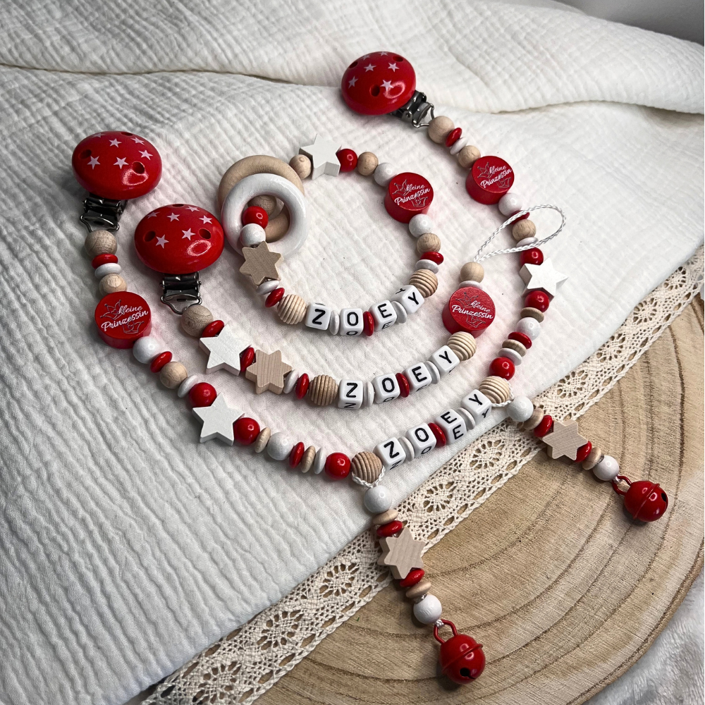3er Set – Schnullerkette, Greifling & Kinderwagenkette mit Name - Mädchen - Kleine Prinzessin