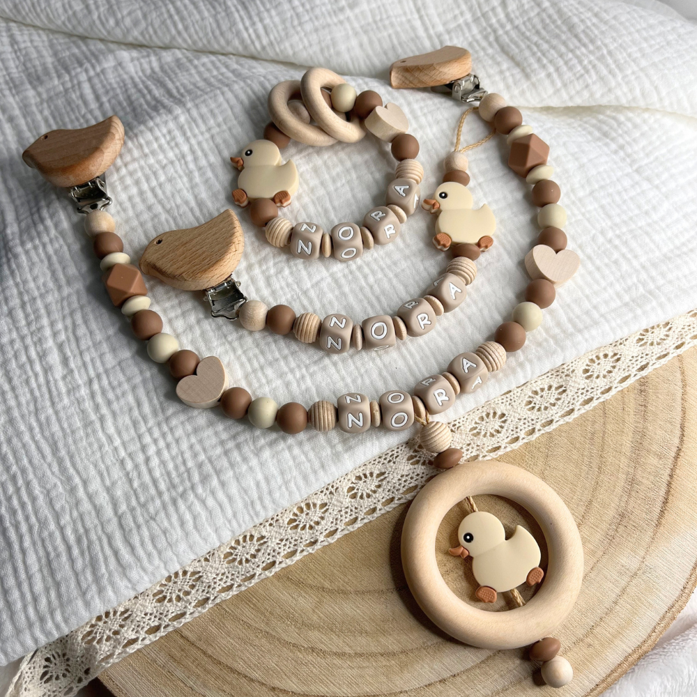 3er Set – Personalisierte Schnullerkette, Greifling & Kinderwagenkette - Mädchen Junge