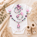 3er Set mit Namen - Hippo – Schnullerkette, Kinderwagenkette & Greifring mit Häkelröckchen