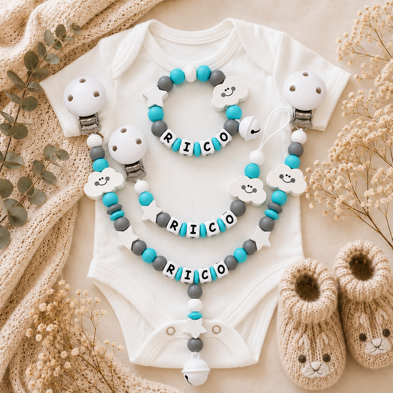 3er Babyset mit Namen – Wolke & Sterne in Türkis Mint