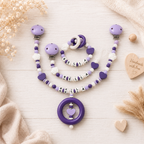 3er Set mit Namen Herz | Schnullerkette, Greifring & Kinderwagenkette