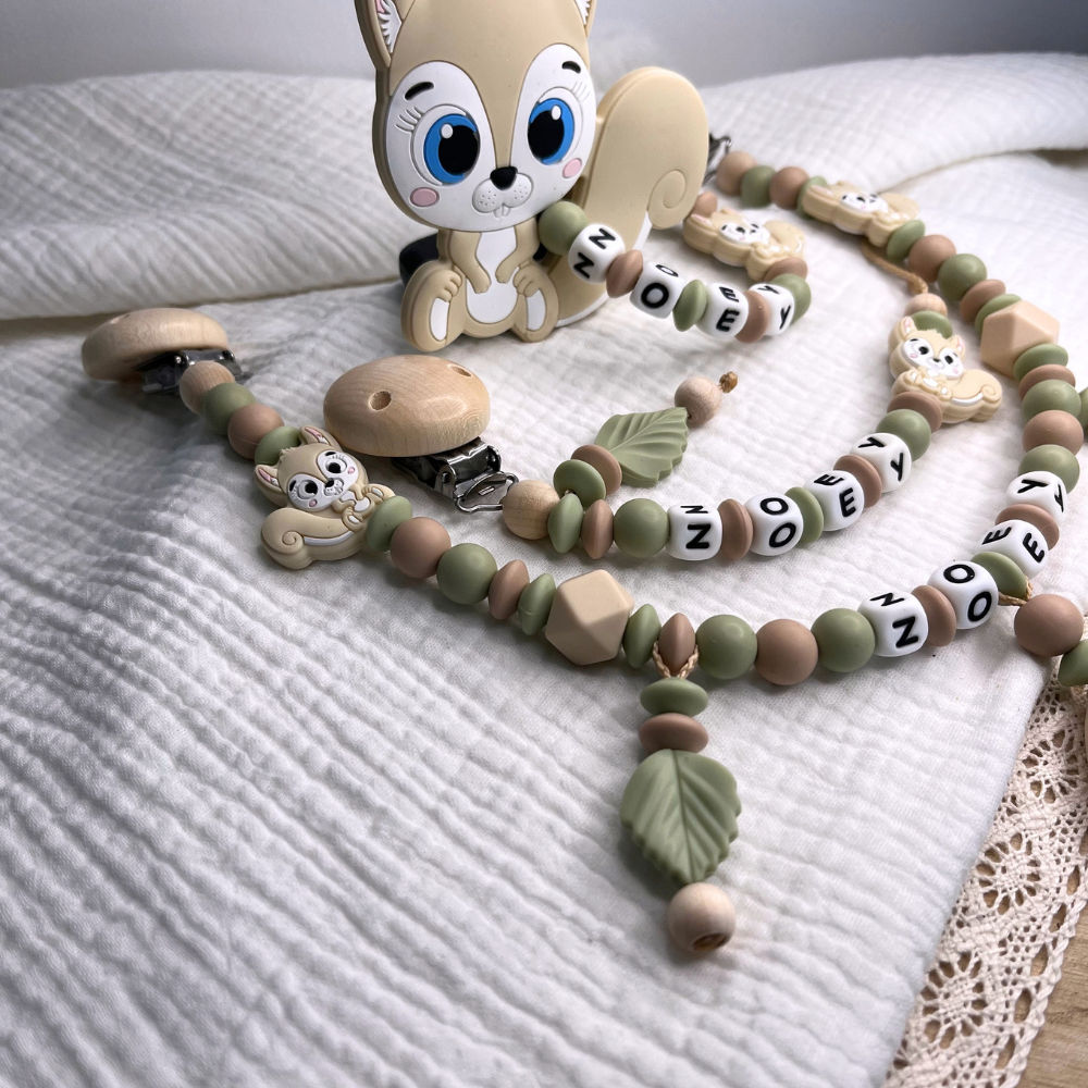 3er Set – Personalisierte Schnullerkette, Greifling & Kinderwagenkette - Mädchen Junge