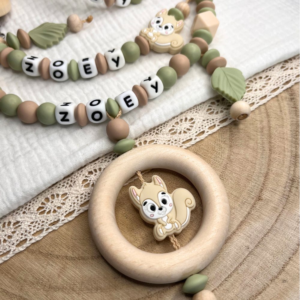 3er Set – Personalisierte Schnullerkette, Greifling & Kinderwagenkette - Mädchen Junge