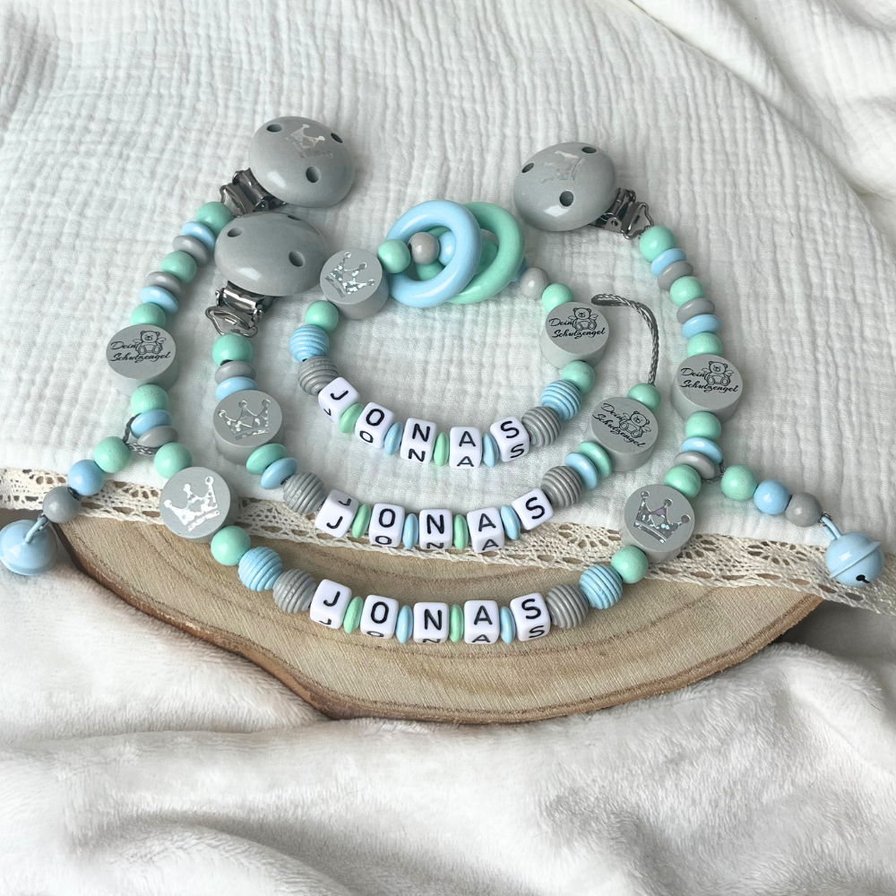 Personalisierte Schnullerkette mit Namen & Baby Geschenkset - Dein Schutzengel in Grau, Mint & Türkis