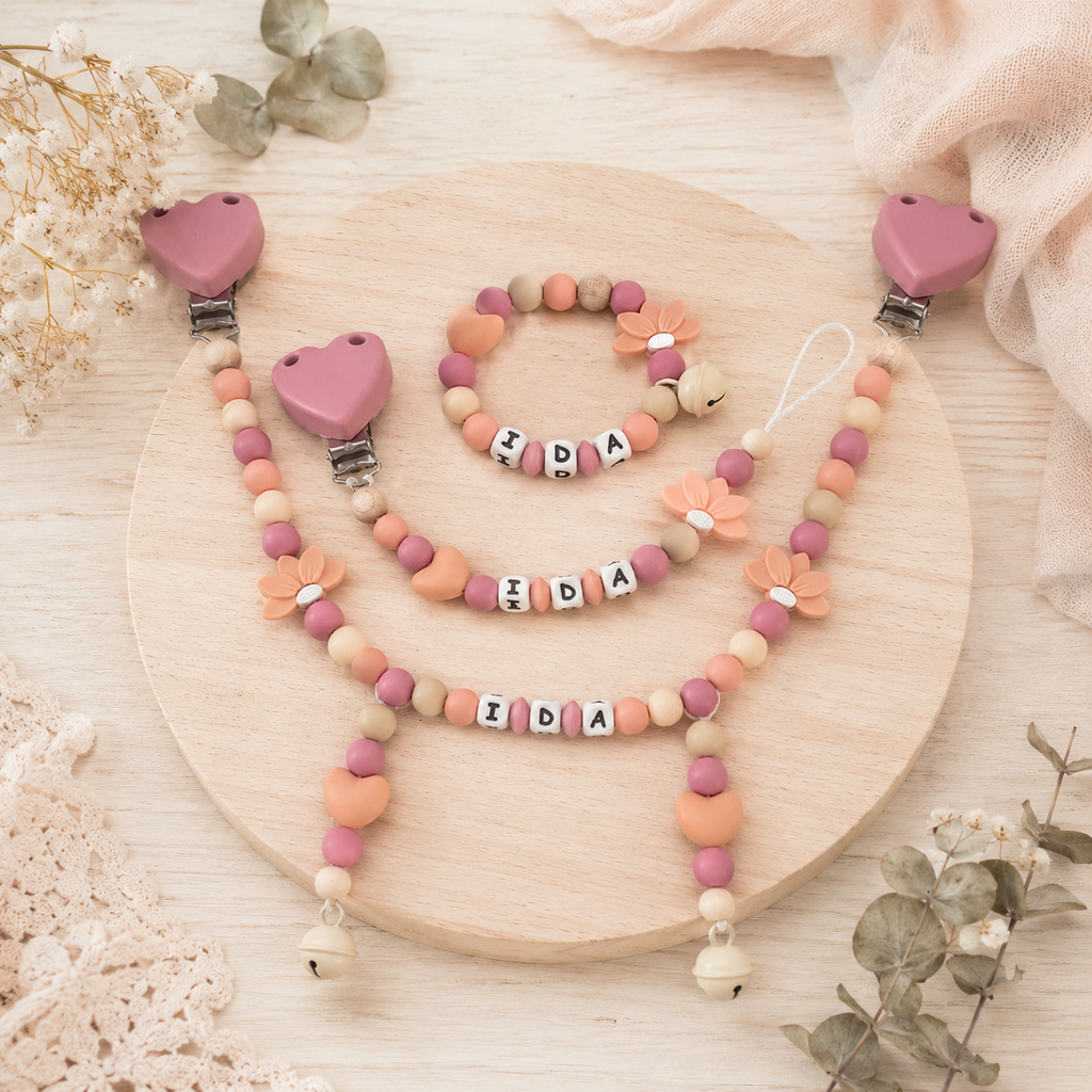 3er Set mit Namen Blume Herz | Schnullerkette, Greifring & Kinderwagenkette