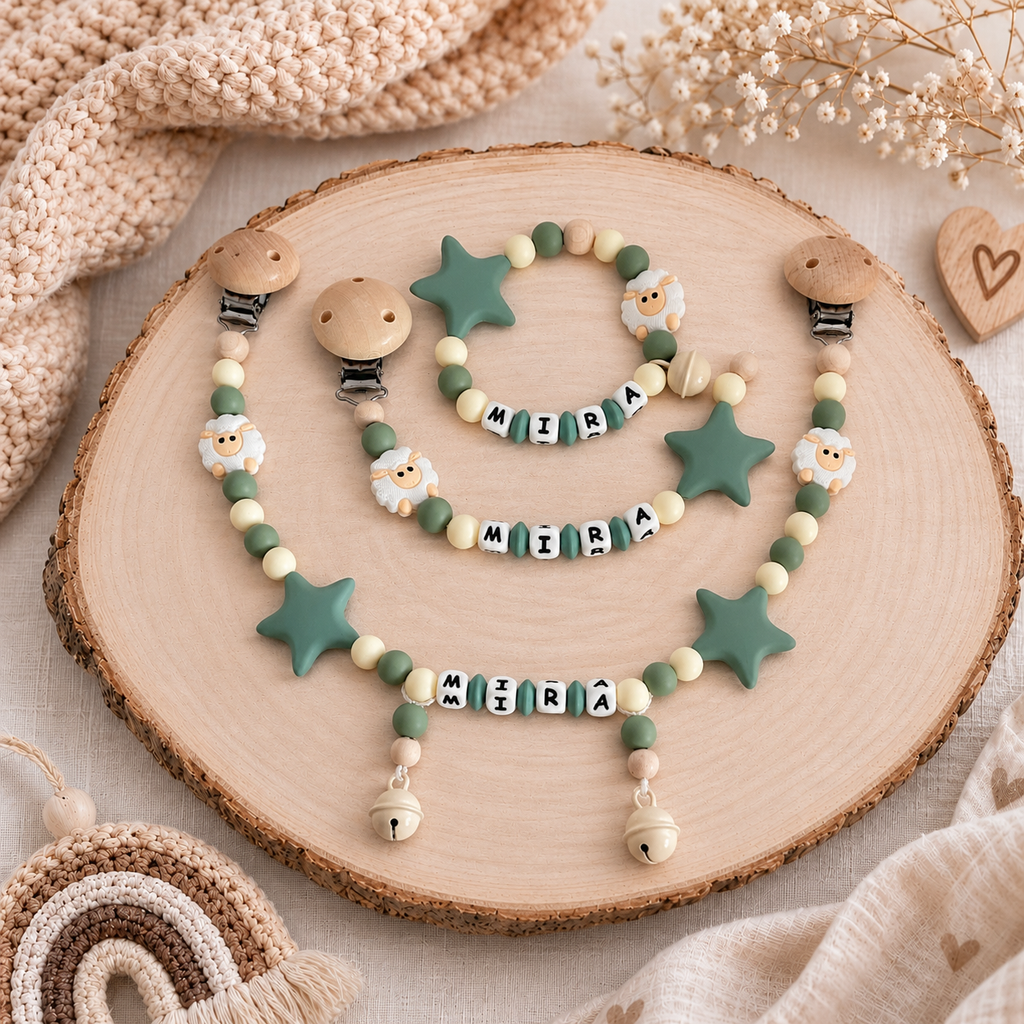 3er Set mit Namen 3D Schaf | Schnullerkette, Greifring & Kinderwagenkette