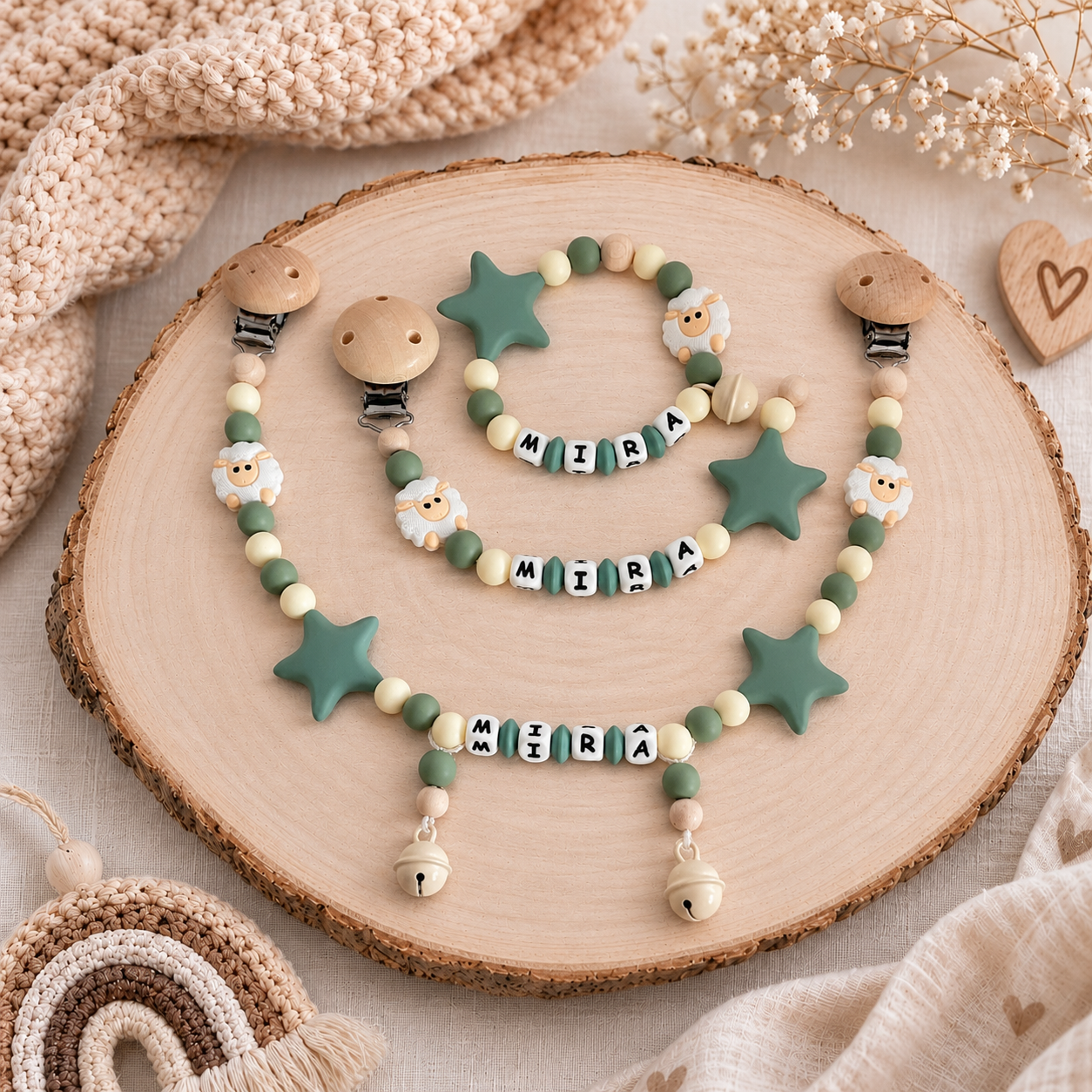 3er Set mit Namen 3D Schaf | Schnullerkette, Greifring & Kinderwagenkette