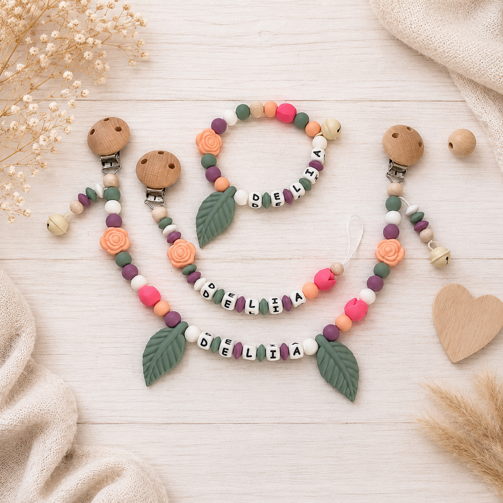 3er Set mit Namen Blume | Schnullerkette, Greifring & Kinderwagenkette