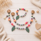 3er Set mit Namen Blume | Schnullerkette, Greifring & Kinderwagenkette