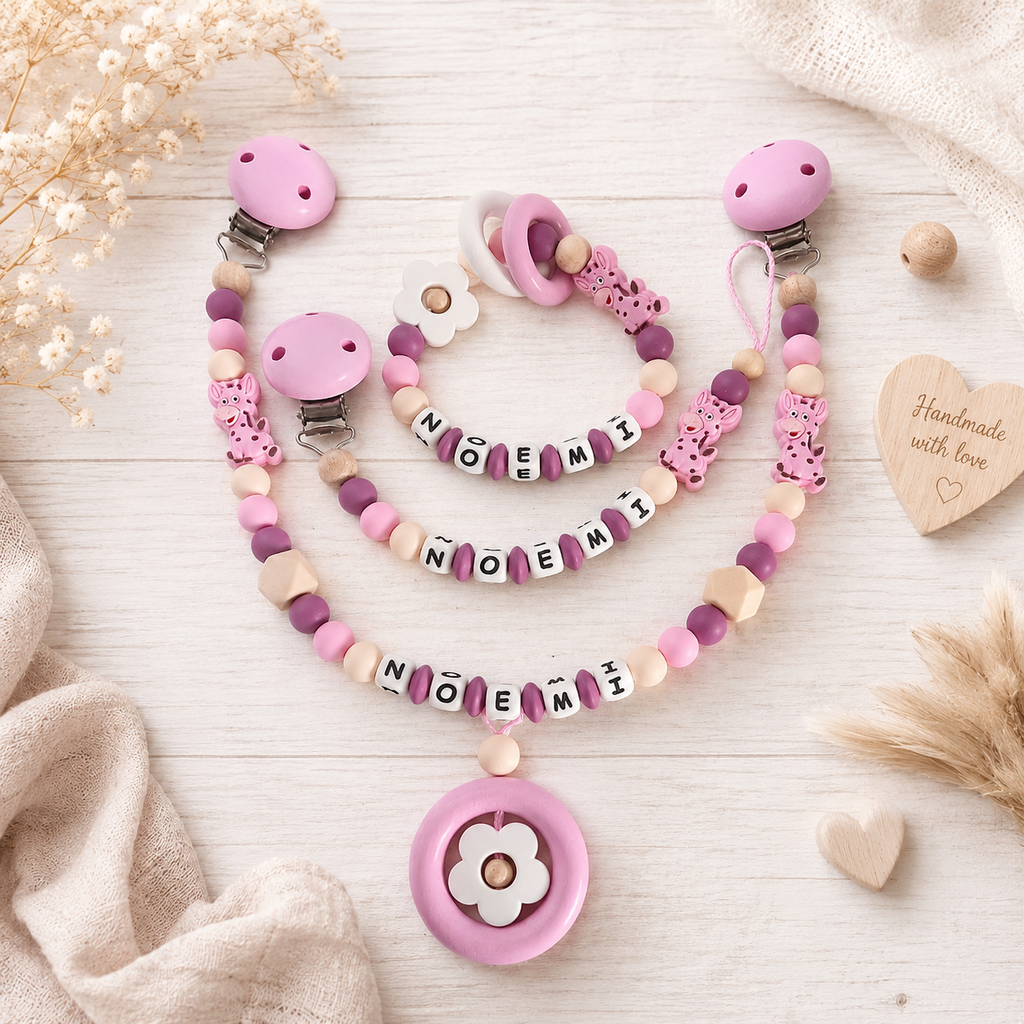 3er Set mit Namen Giraffe | Schnullerkette, Greifring & Kinderwagenkette
