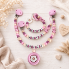 3er Set mit Namen Giraffe | Schnullerkette, Greifring & Kinderwagenkette