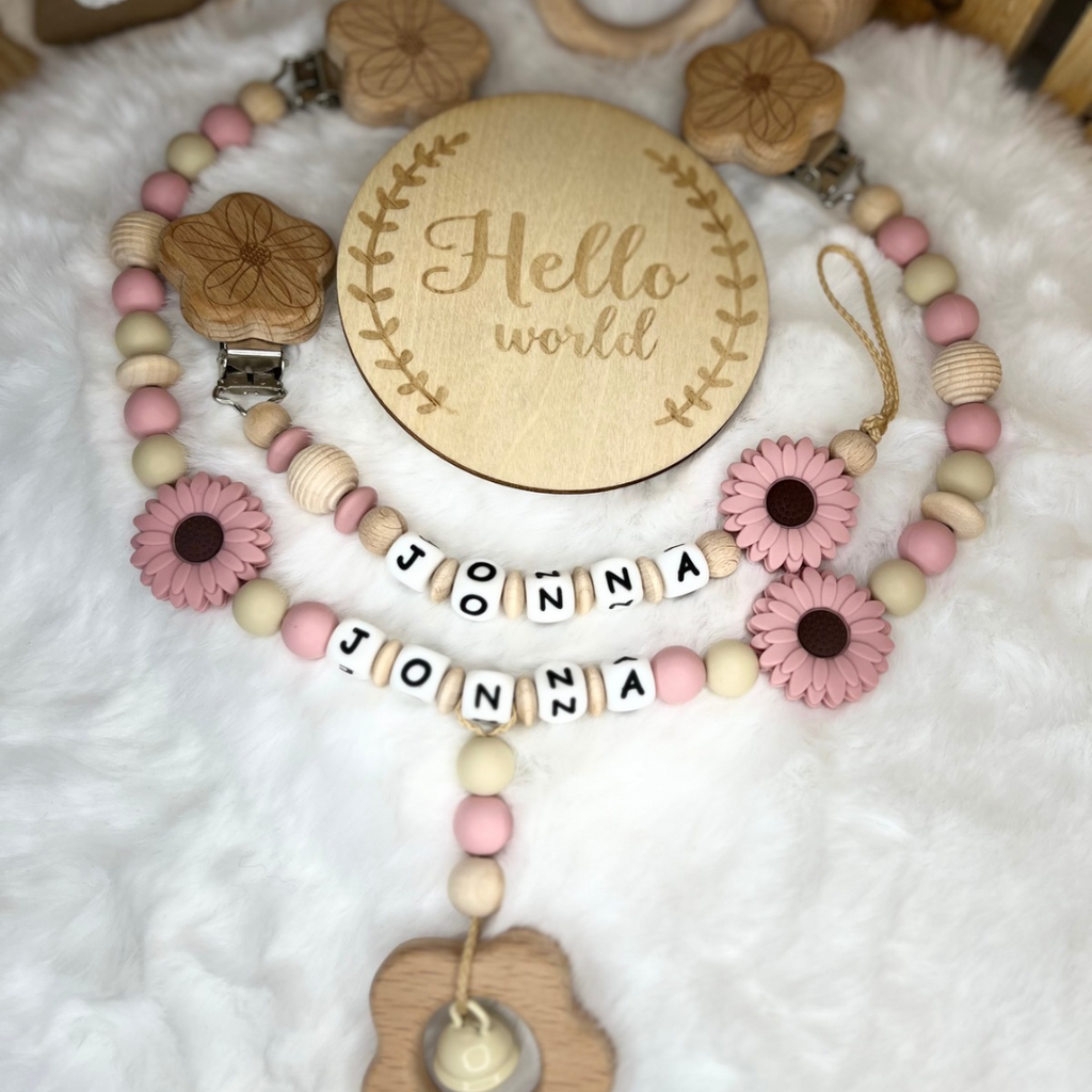 Set aus Schnullerkette & Kinderwagenkette | Blümchen | Natur & Blush